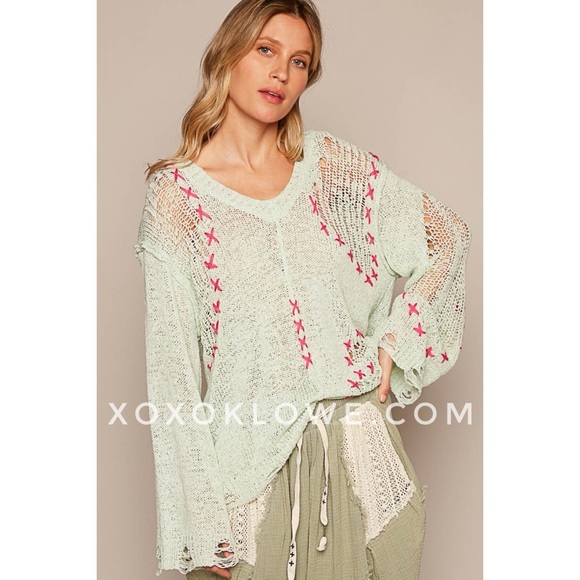 POL Lime Green Hot Pink Cross Stitch V Neck Loose Knit Thin Sweater Relaxed Fit - Picture 3 of 9